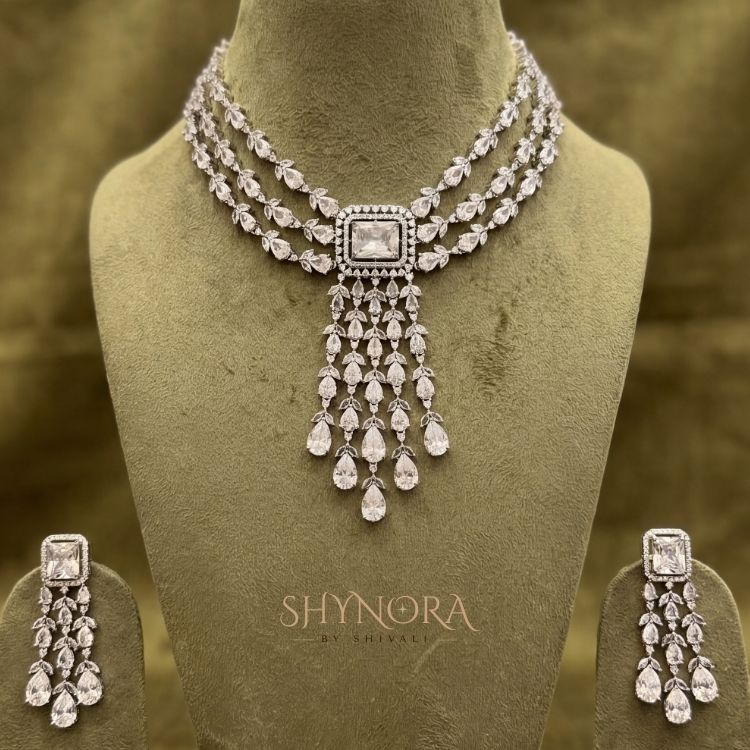 Regal White Crystal Multi-Layer Chandelier Necklace Set with Earrings