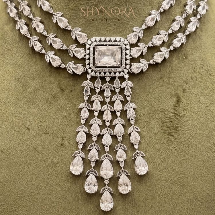 Regal White Crystal Multi-Layer Chandelier Necklace Set with Earrings