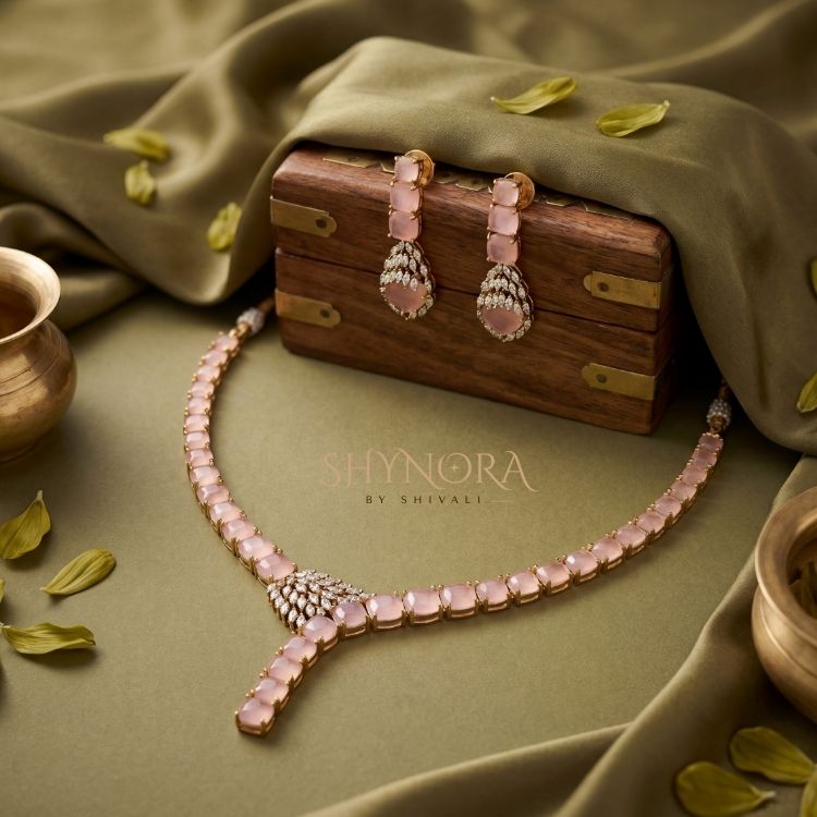 Light Pink Crystal Y-Drop Necklace Set