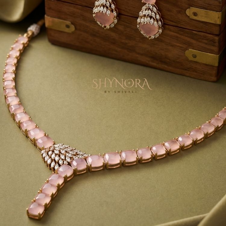 Light Pink Crystal Y-Drop Necklace Set