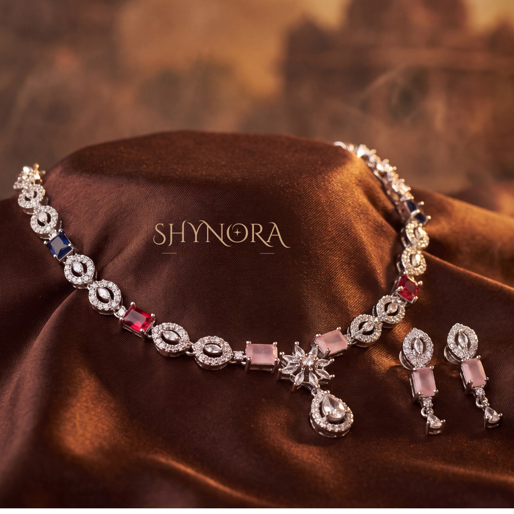 Pink Baguette Pear Pendant Necklace Set – Shynora By Shivali