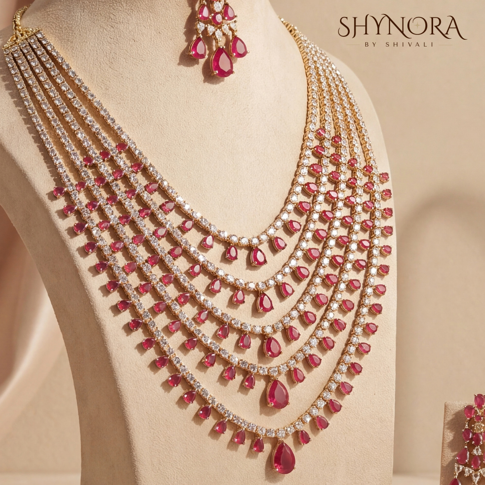 Ruby Red Grand Five-Layer Necklace Set with Maang Tikka – Shynora By Shivali