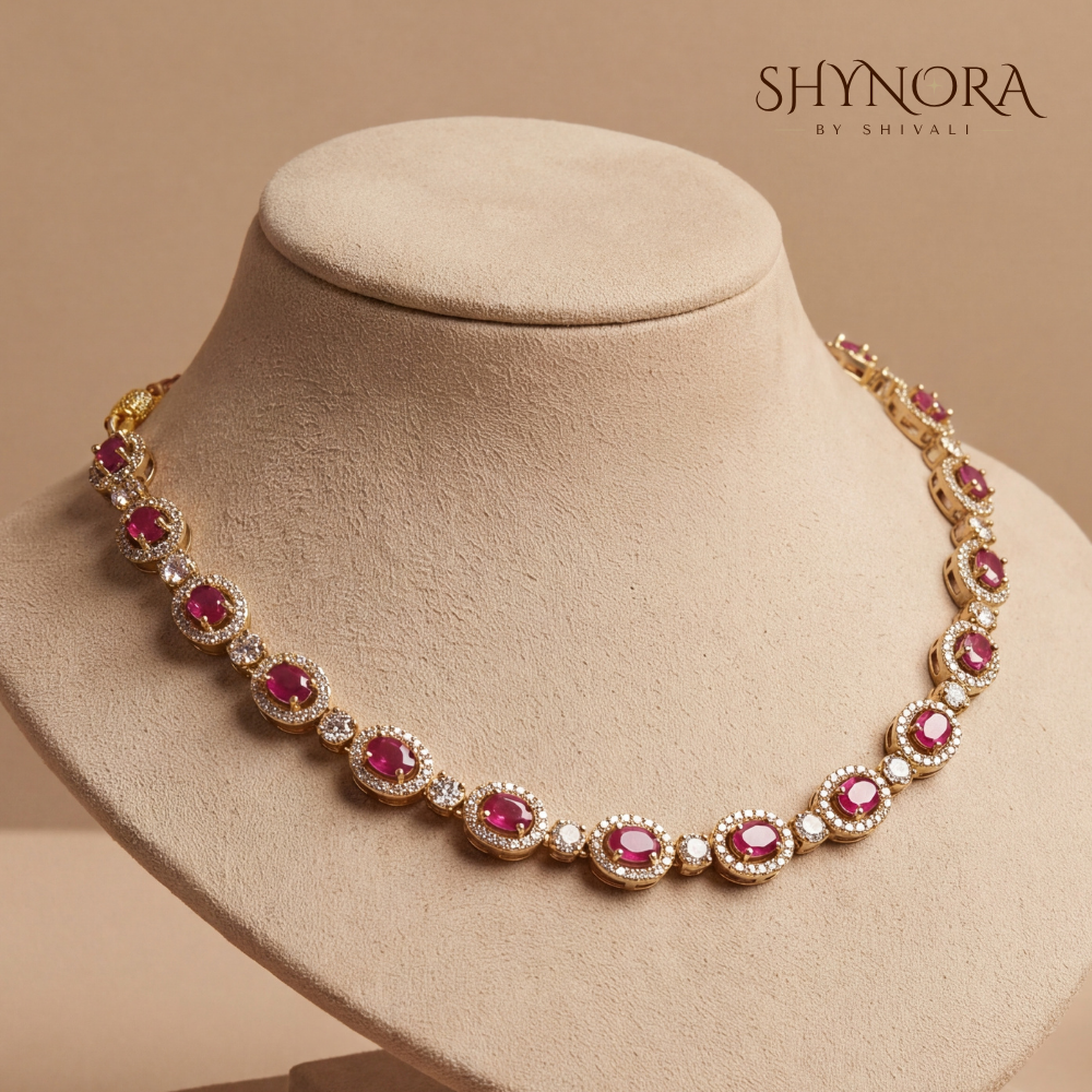 Ruby Halo Cluster Necklace Set – Shynora By Shivali