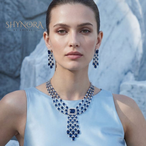 Royal Midnight Blue Multi-Layer Chandelier Necklace Set with Earrings