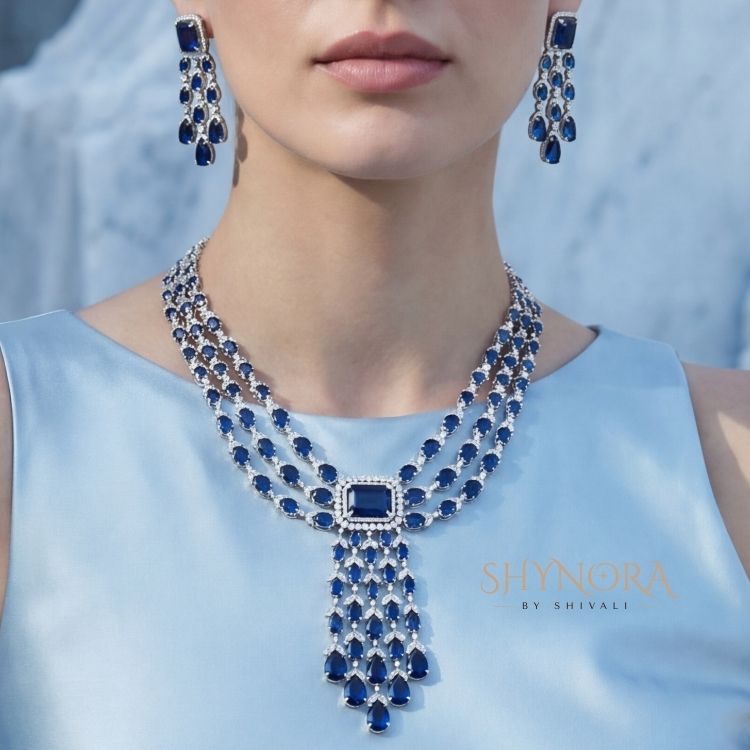 Royal Midnight Blue Multi-Layer Chandelier Necklace Set with Earrings