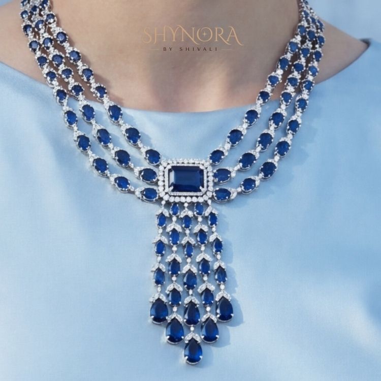 Royal Midnight Blue Multi-Layer Chandelier Necklace Set with Earrings