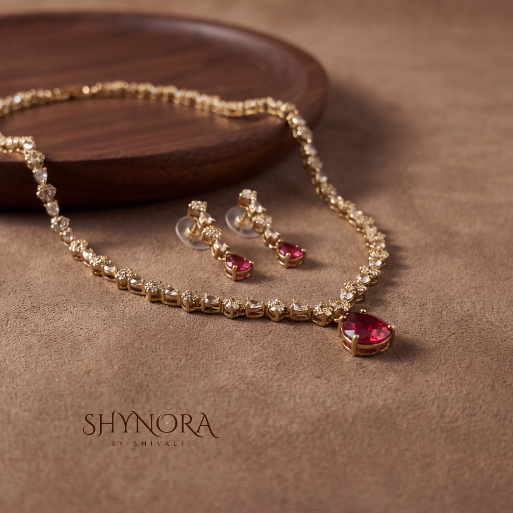 Ruby Pear Drop Delicate Necklace Set – Shynora By Shivali