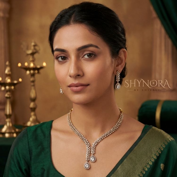 Golden Crystal Twin-Drop Necklace Set