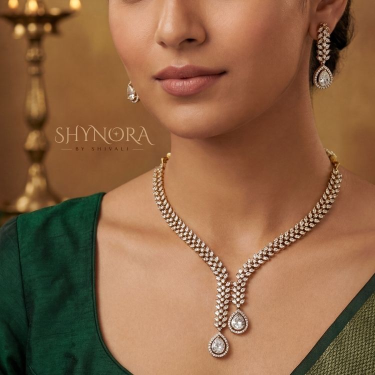 Golden Crystal Twin-Drop Necklace Set