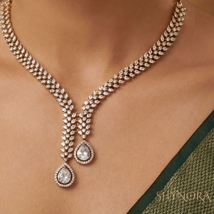 Golden Crystal Twin-Drop Necklace Set