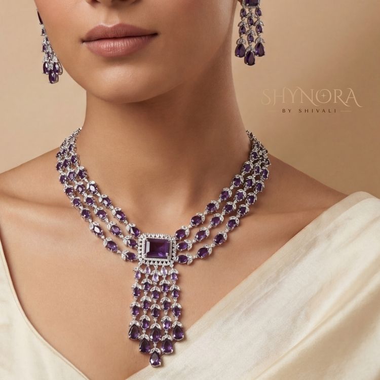 Royal Amethyst Purple Multi-Strand Chandelier Necklace Set with Earrings