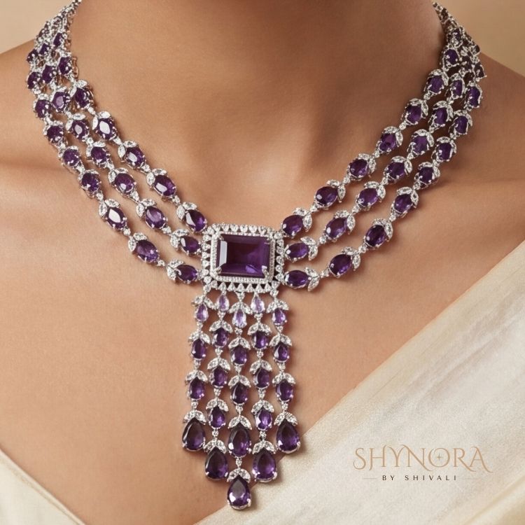 Royal Amethyst Purple Multi-Strand Chandelier Necklace Set with Earrings