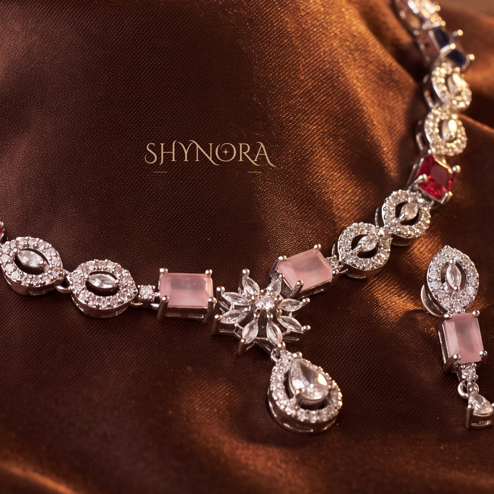 Pink Baguette Pear Pendant Necklace Set – Shynora By Shivali
