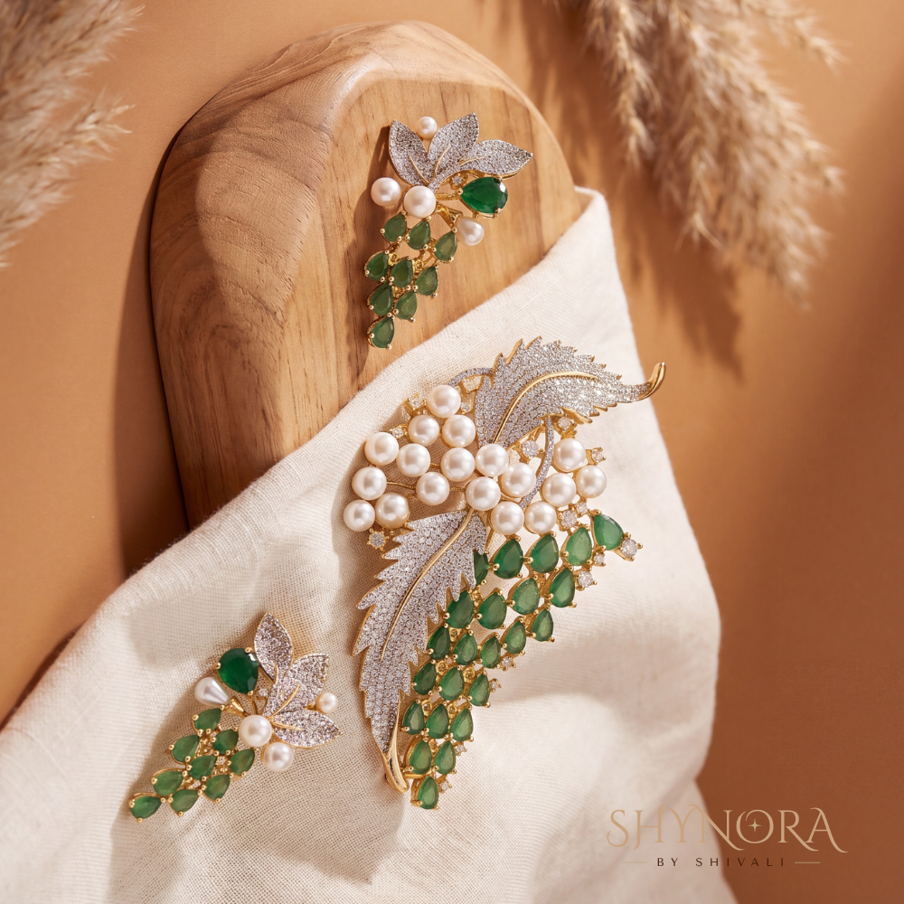 Emerald Leaf Pearl Branch Pendant Set – Shynora By Shivali