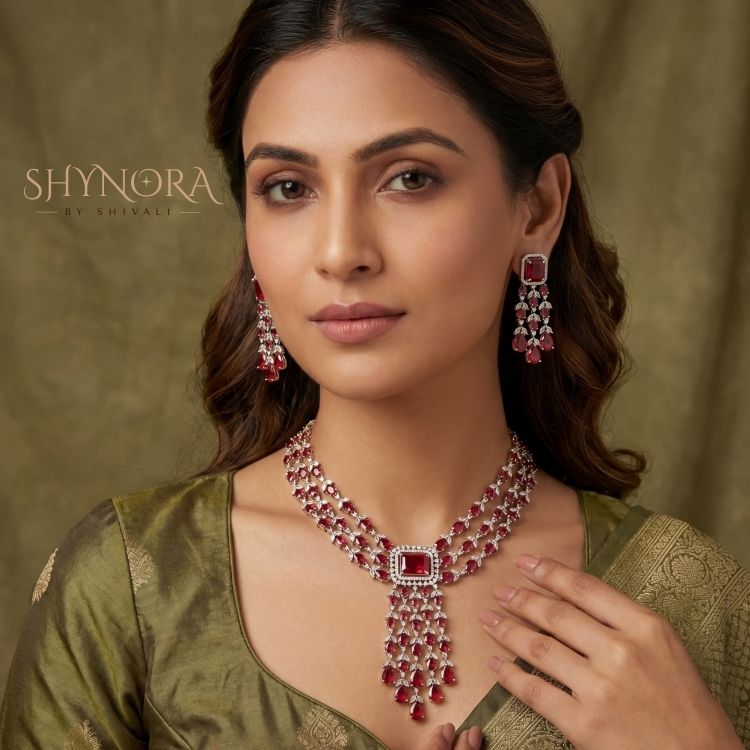 Royal Ruby Red Multi-Strand Chandelier Necklace Set with Earrings