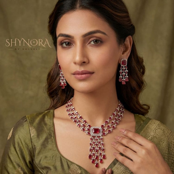 Royal Ruby Red Multi-Strand Chandelier Necklace Set with Earrings