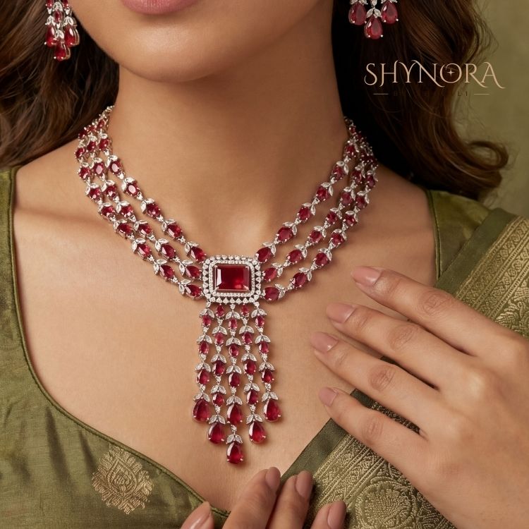 Royal Ruby Red Multi-Strand Chandelier Necklace Set with Earrings