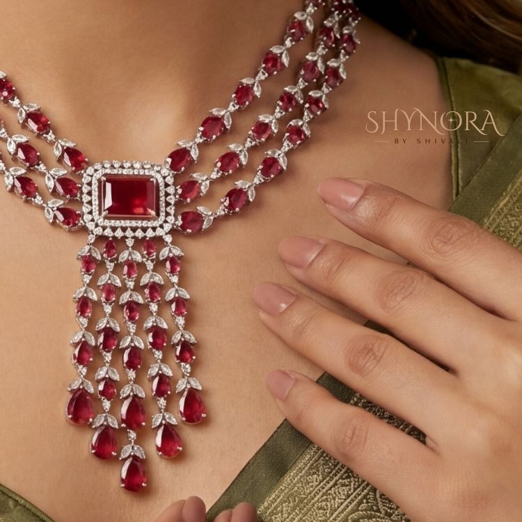 Royal Ruby Red Multi-Strand Chandelier Necklace Set with Earrings