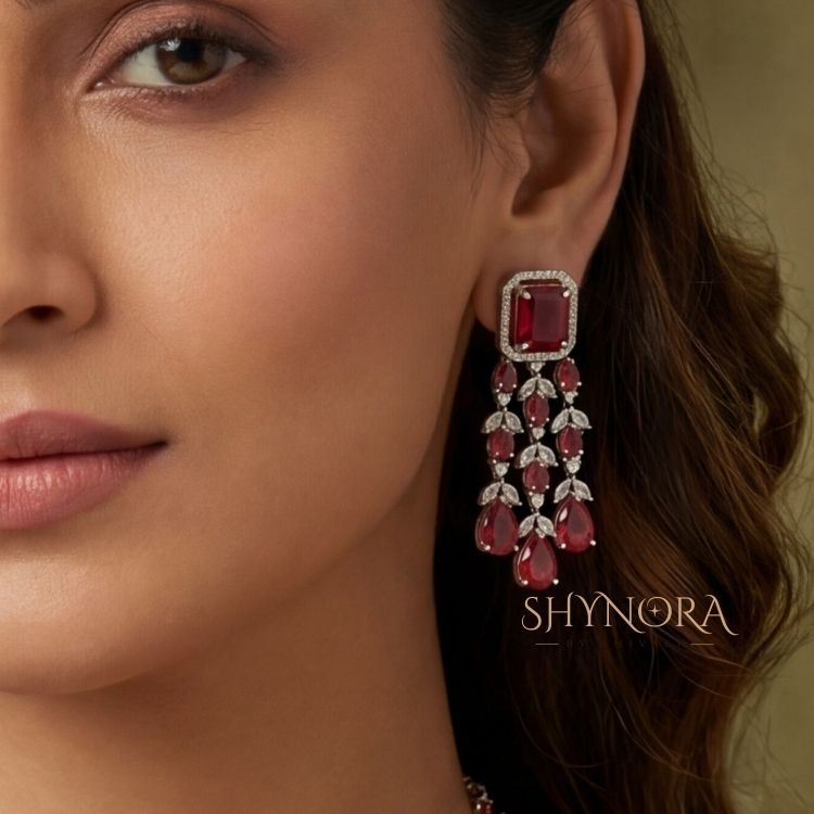 Royal Ruby Red Multi-Strand Chandelier Necklace Set with Earrings