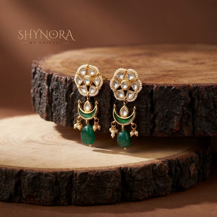 Emerald Crescent Kundan Earrings