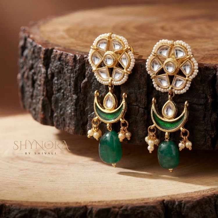 Emerald Crescent Kundan Earrings