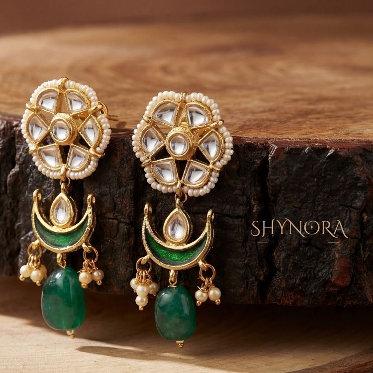 Emerald Crescent Kundan Earrings