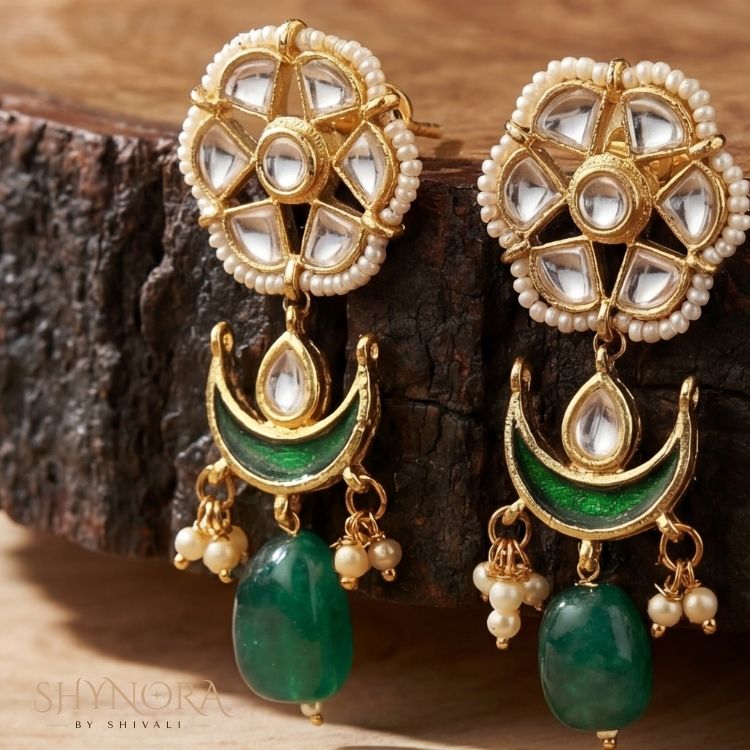 Emerald Crescent Kundan Earrings