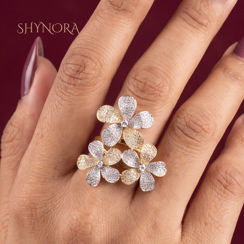 Diamond Three Flower Cluster Adjustable Ring – Shynora By Shivali