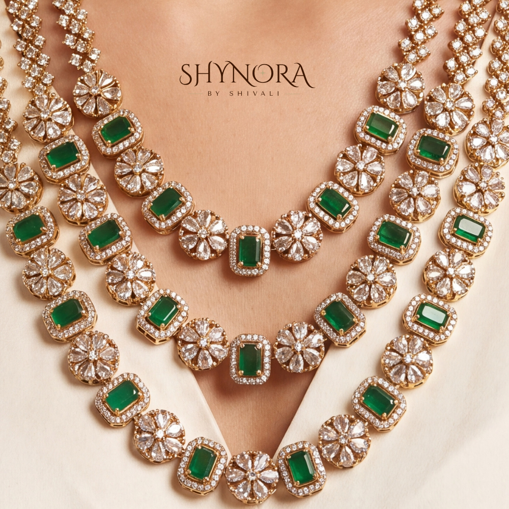 Emerald Three Layer Graduated Necklace Set – Shynora By Shivali