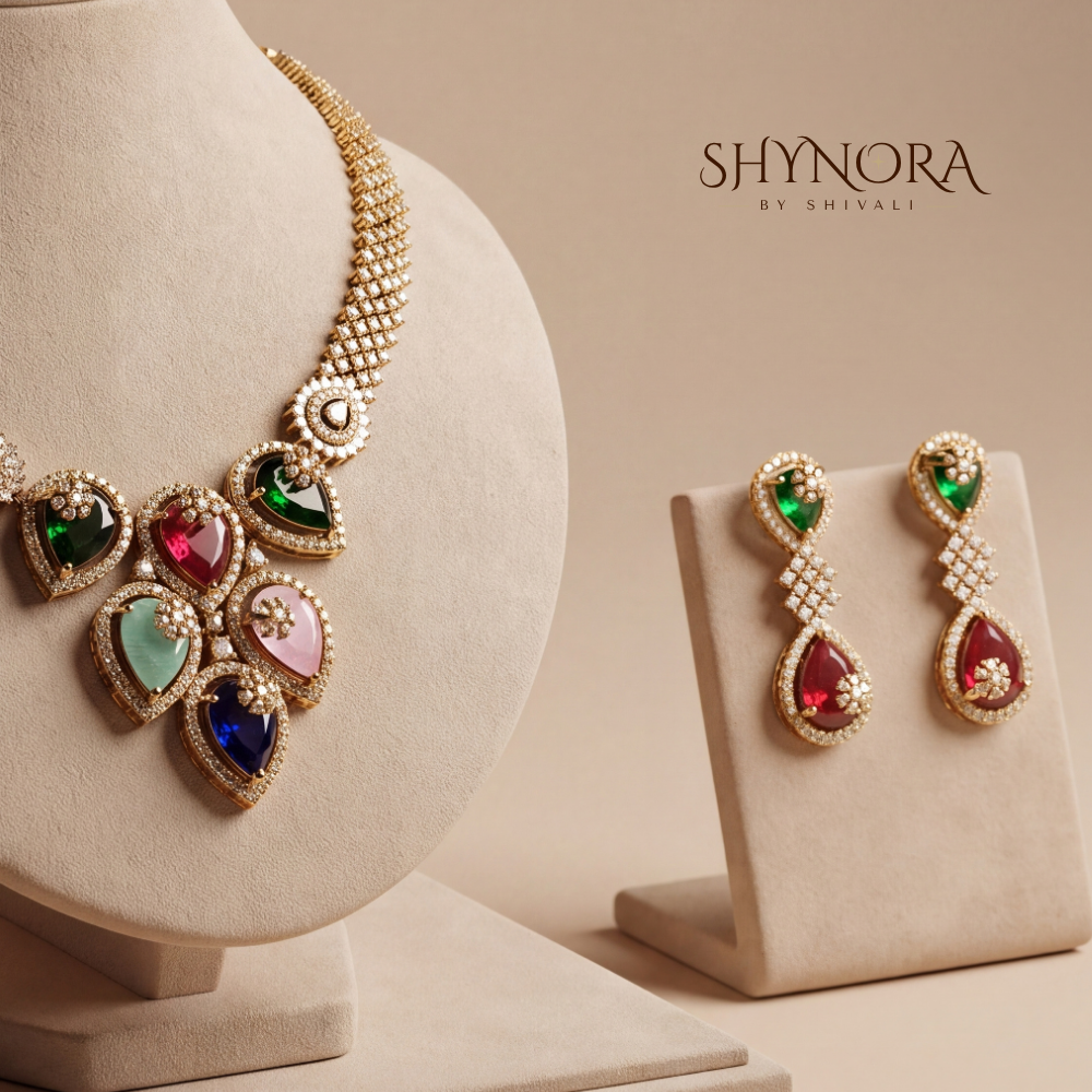 Multicolor Gemstone Pear Cluster Necklace Set – Shynora By Shivali