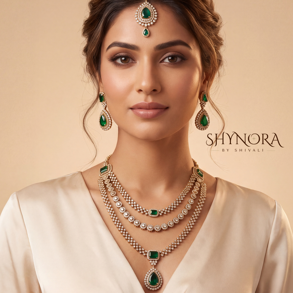 Emerald Three Layer Square Pendant Necklace Set – Shynora By Shivali