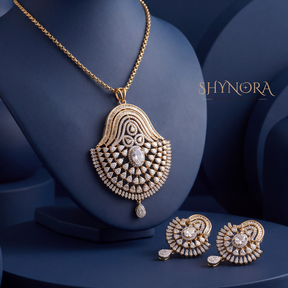 Ornate Shield Paisley AD Pendant Set – Shynora By Shivali