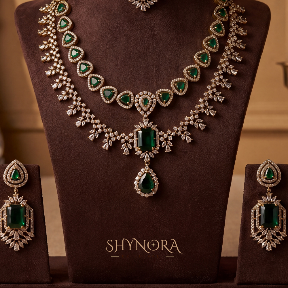 Emerald Two Layer Cluster Pendant Necklace Set – Shynora By Shivali