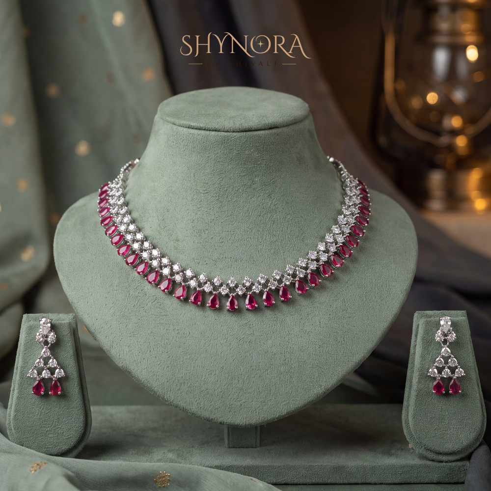 Ruby Oval Cluster Triangular Drop Necklace Set – Shynora By Shivali