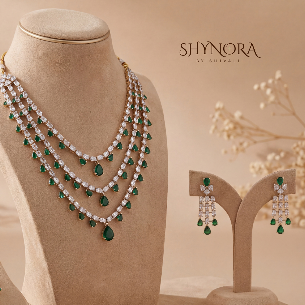 Emerald Green Layered Necklace Set with Maang Tikka – Shynora By Shivali