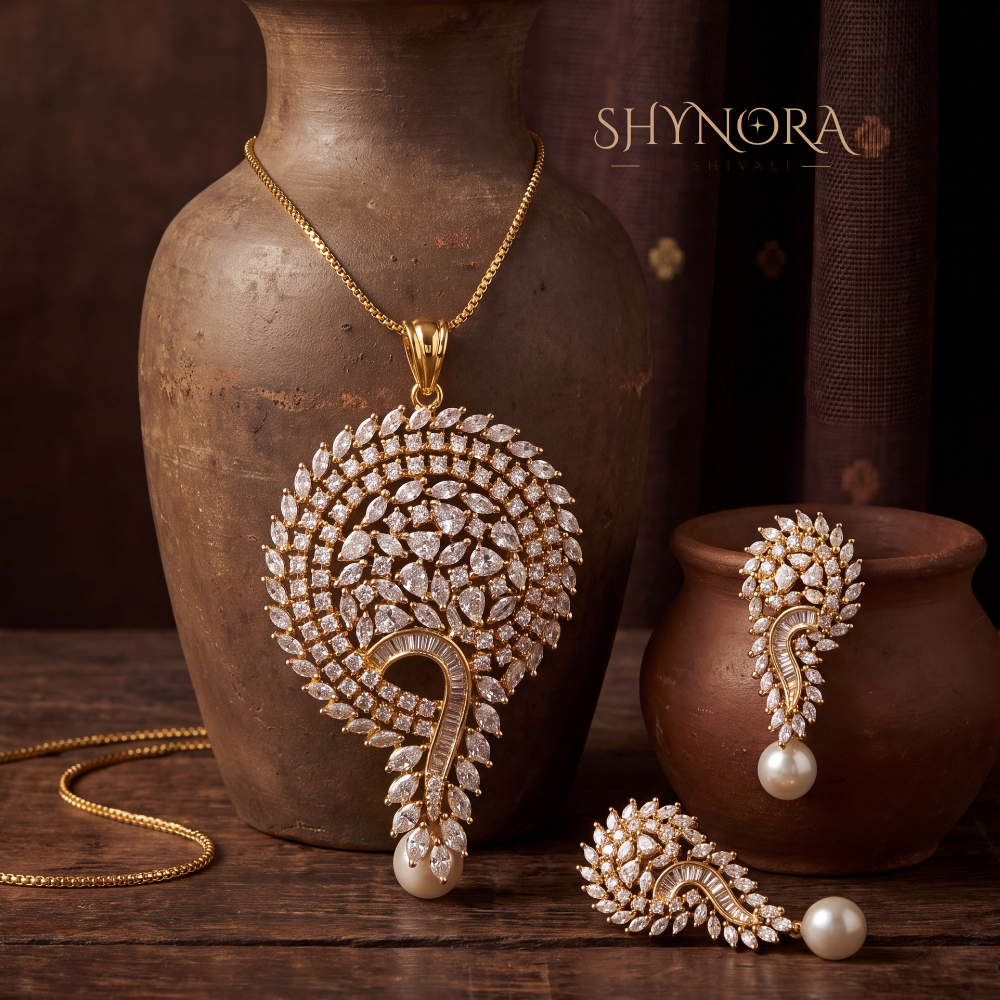 Wave Pearl Drop AD Pendant Set – Shynora By Shivali