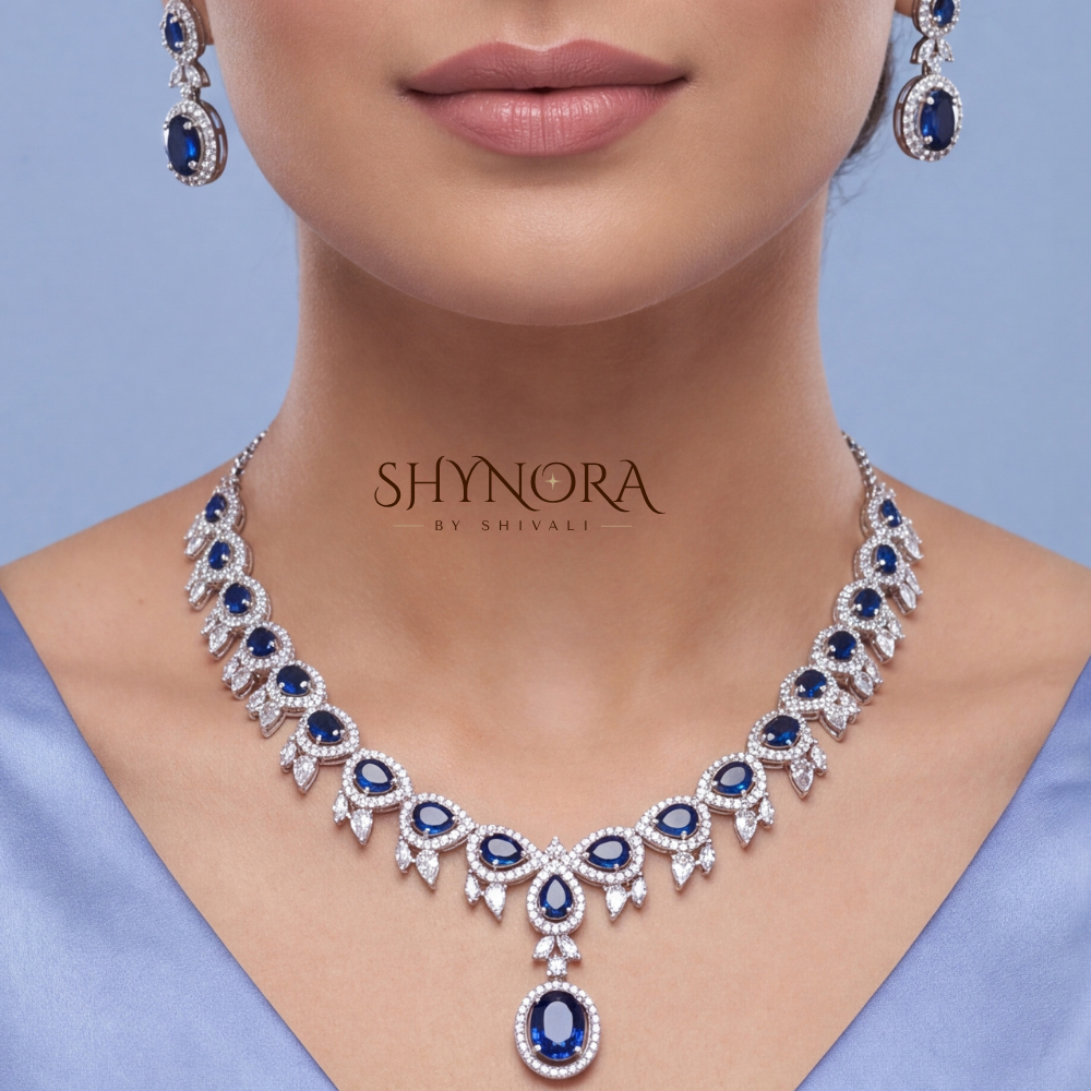 Sapphire Floral Leaf Pendant Necklace Set – Shynora By Shivali