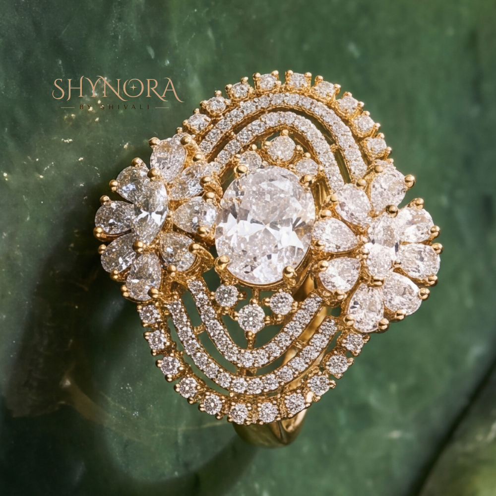 Floral Oval Cluster Cocktail Ring – Shynora By Shivali