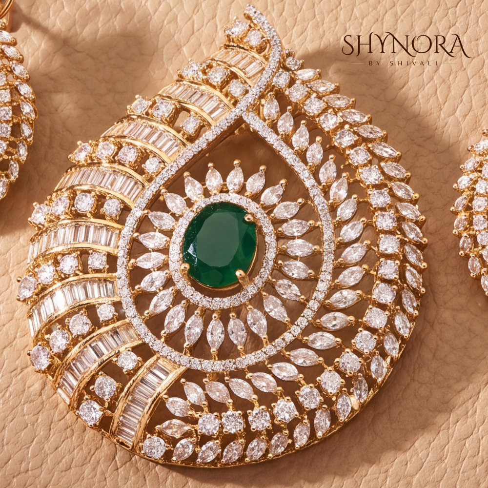 Emerald Peacock Eye AD Pendant Set – Shynora By Shivali
