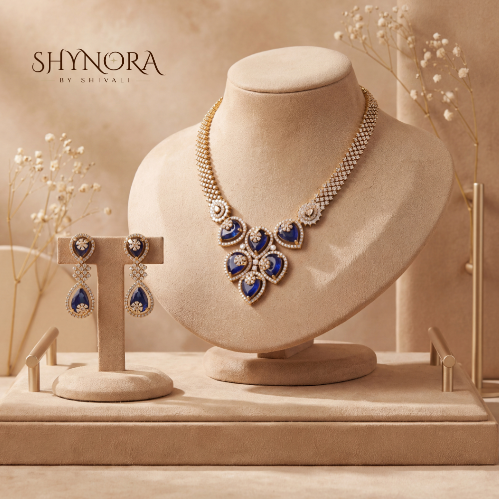 Sapphire Trellis Heart Cluster Necklace Set – Shynora By Shivali