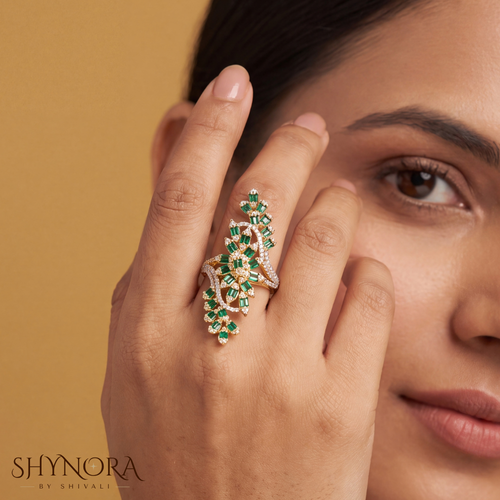 Emerald Fan Leaf Adjustable Ring – Shynora By Shivali
