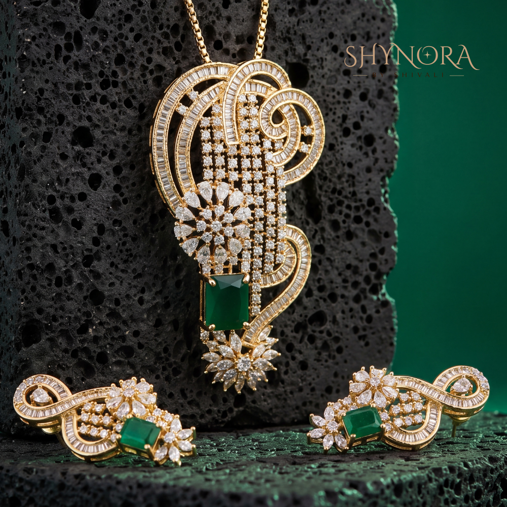Emerald Scroll Cluster Pendant Set – Shynora By Shivali