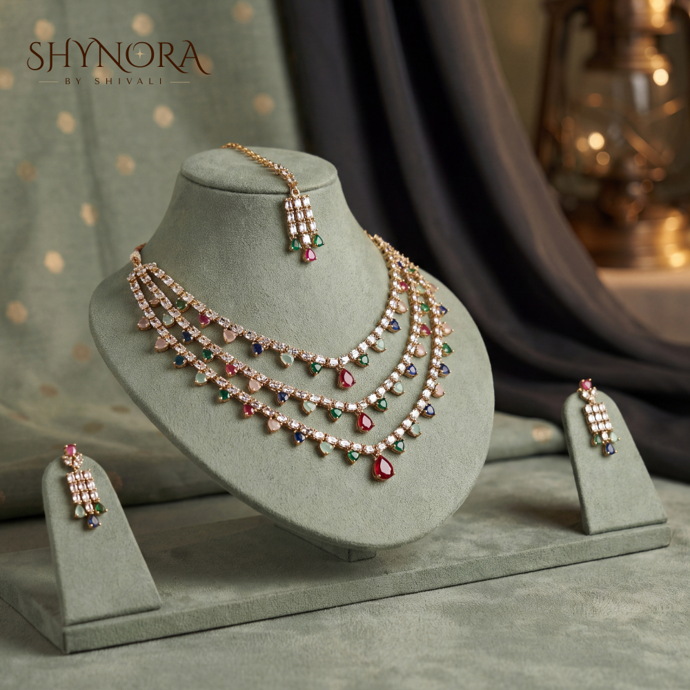 Multicolor Gemstone Layered Necklace Set with Maang Tikka – Shynora By Shivali