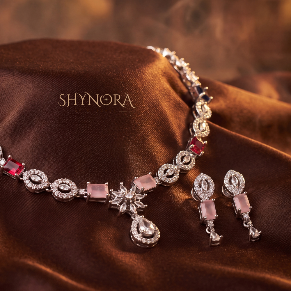 Pink Baguette Pear Pendant Necklace Set – Shynora By Shivali