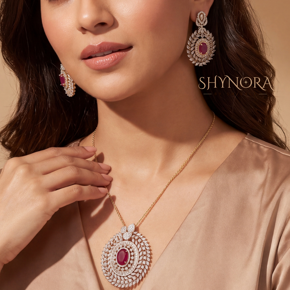 Ruby Leaf Halo AD Pendant Set – Shynora By Shivali