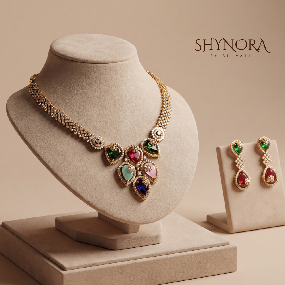 Multicolor Gemstone Pear Cluster Necklace Set – Shynora By Shivali