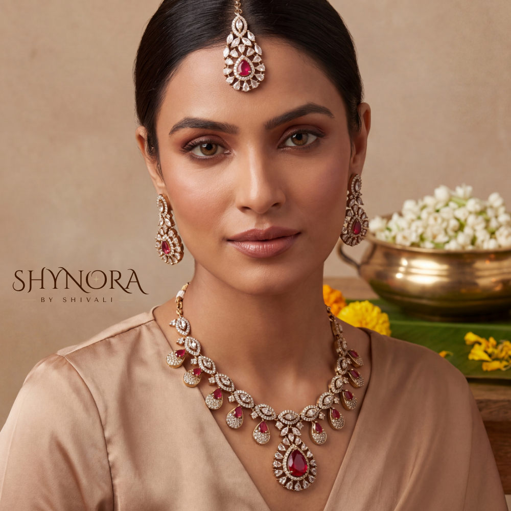 Ruby Pear Cluster Pendant Necklace Set – Shynora By Shivali