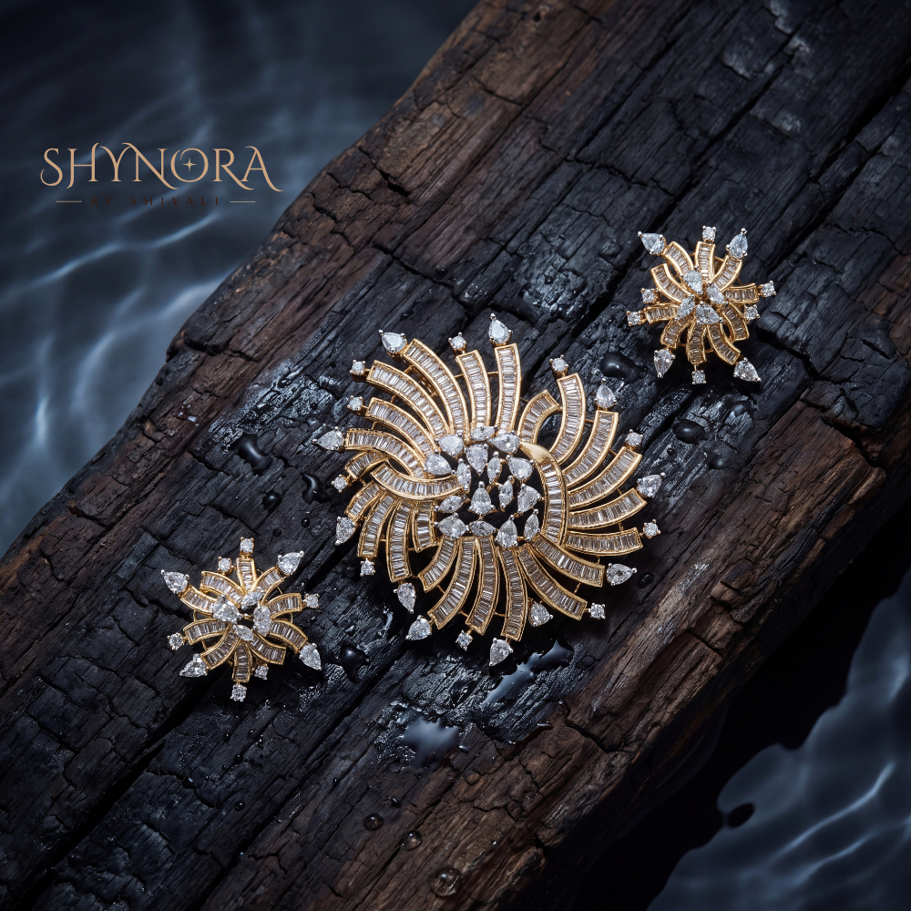 Golden Starburst Spiral AD Pendant Set – Shynora By Shivali