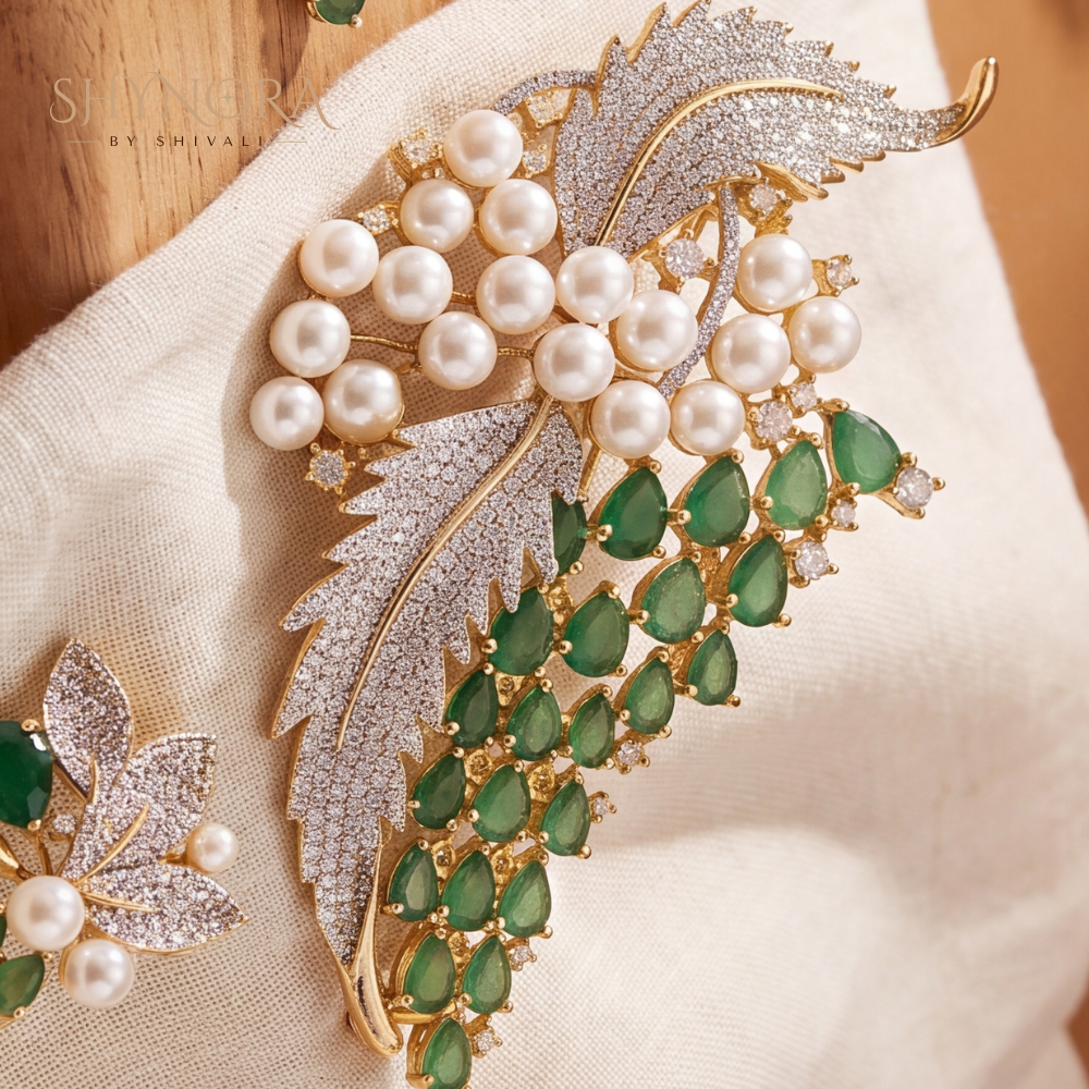 Emerald Leaf Pearl Branch Pendant Set – Shynora By Shivali
