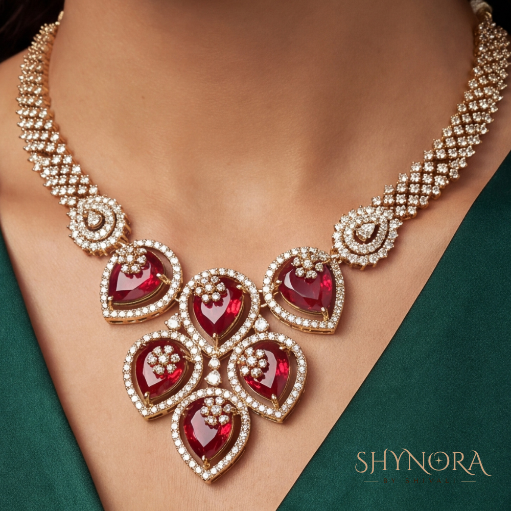 Ruby Trellis Heart Cluster Necklace Set – Shynora By Shivali